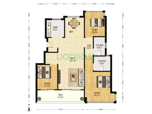 龙湖天玺院 3室1厅2卫 119平方