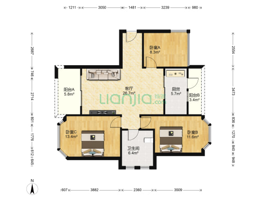 长冶南阳御龙府一期 3室1厅1卫 94平方