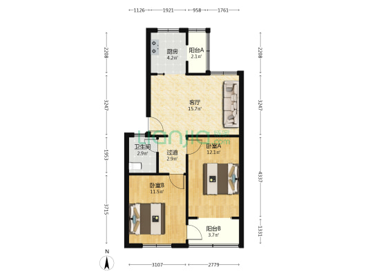 淮北街15号 2室1厅1卫 67平方