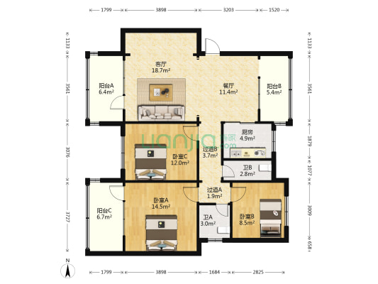 海景湾花园 3室2厅2卫 104平方