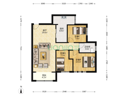 天津富盈国际广场 3室1厅1卫 94平方