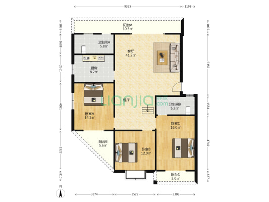 民主小区 3室1厅2卫 133平方