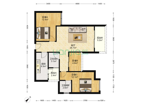 德润城 3室1厅2卫 92平方
