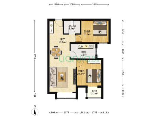 顺八条1号院 2室1厅1卫 91平方