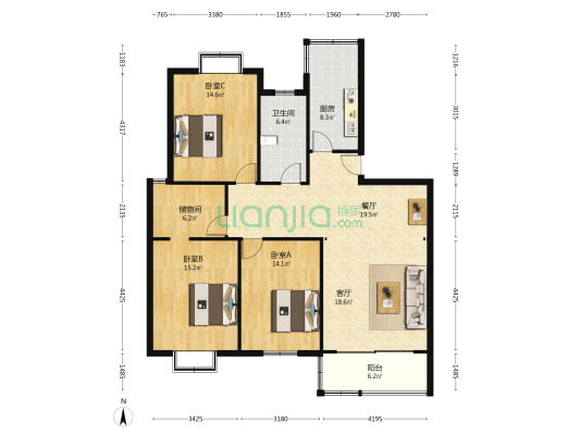 汇景阁 3室2厅1卫 144平方