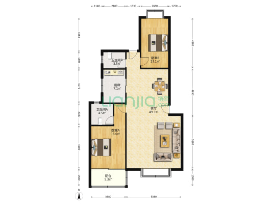 双龙花园 2室1厅2卫 122平方