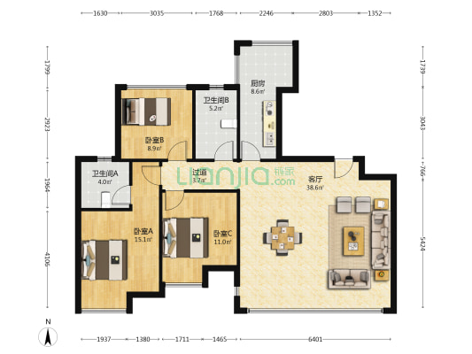雍庭 3室1厅2卫 120平方