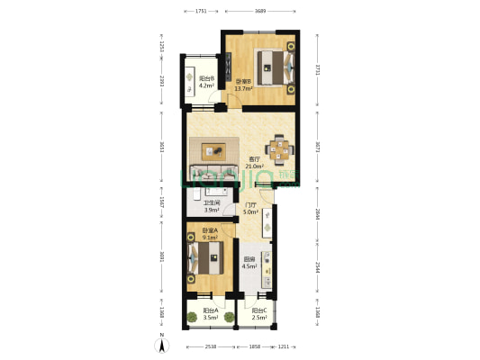 妇幼家属楼 2室1厅1卫 85平方