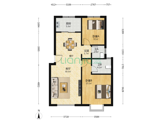 天朗·悦玺台 2室1厅2卫 96平方
