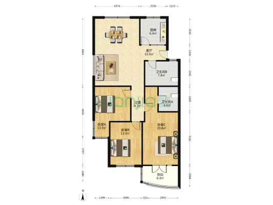 狮子山花园 3室1厅2卫 128平方