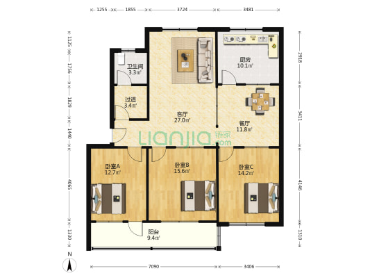 国土资源局宿舍 3室2厅1卫 123平方