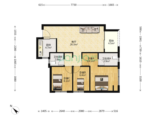万科眉州文化村 3室1厅2卫 89平方