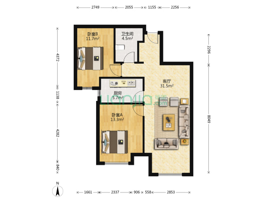 潮白河孔雀城汇景园 2室1厅1卫 87平方