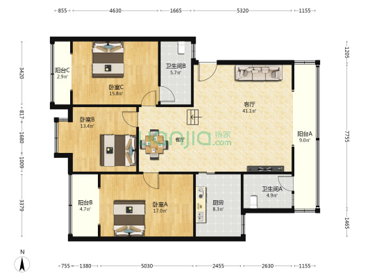 文心园 3室1厅2卫 134平方