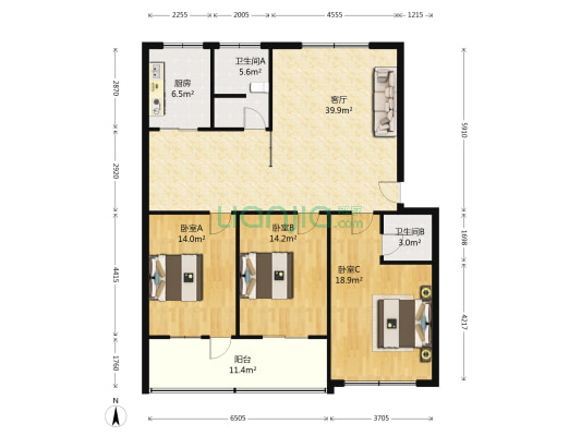 华蓉小区 3室1厅2卫 134平方