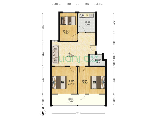 中医院宿舍 3室1厅1卫 87平方