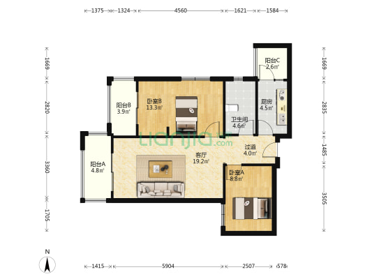 缤纷翡翠湾二期 2室1厅1卫 82平方