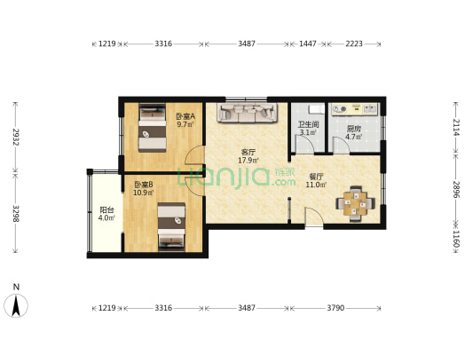 四0八小区 2室2厅1卫 76平方