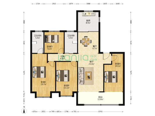 银洲金融中心东区 4室2厅2卫 167平方