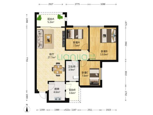 莱茵名郡 3室1厅1卫 88平方
