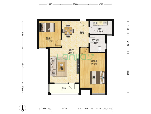 阳光100国际新城北区 2室1厅1卫 77平方
