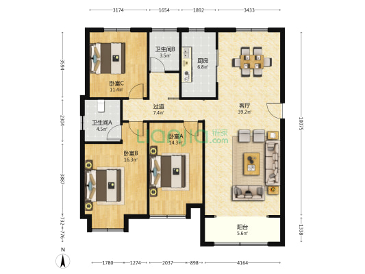 幸福雅苑A区 3室1厅2卫 145平方