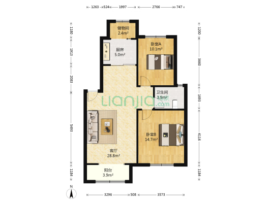 炜伦一号公馆小区 2室1厅1卫 93平方