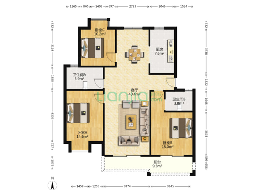 众盛苑 3室1厅2卫 127平方