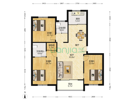 置地大厦 3室1厅2卫 125平方