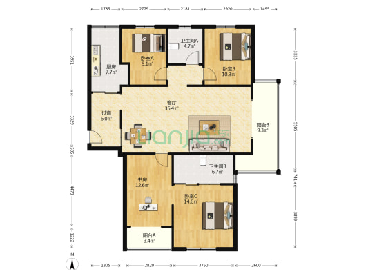 克拉美丽山庄二期 4室1厅2卫 144平方