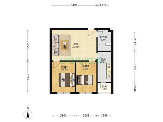 国奥花园三期 2室1厅1卫 75平方