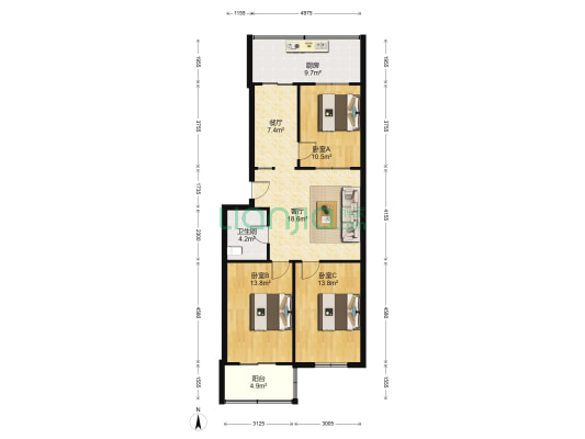 体育西路邮电宿舍 3室2厅1卫 98平方