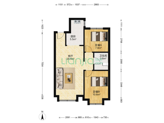 潮白河孔雀城雅宸园 2室1厅1卫 75平方