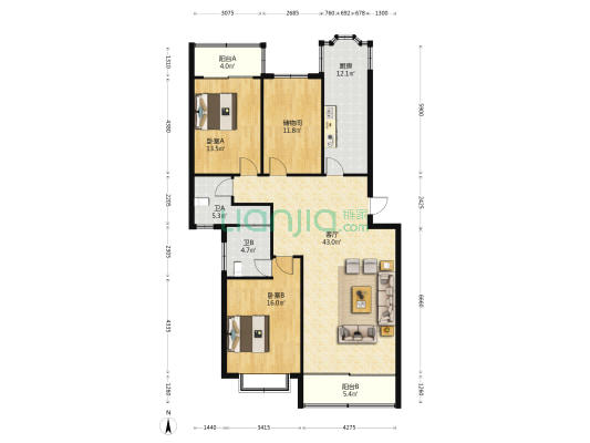 麒鑫怡苑小区 2室1厅2卫 140平方