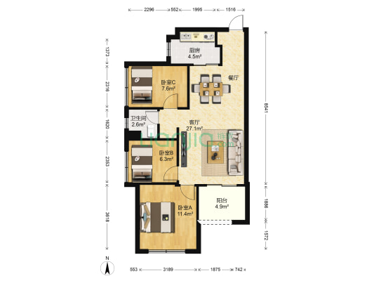 万科魅力之城一期 3室1厅1卫 81平方