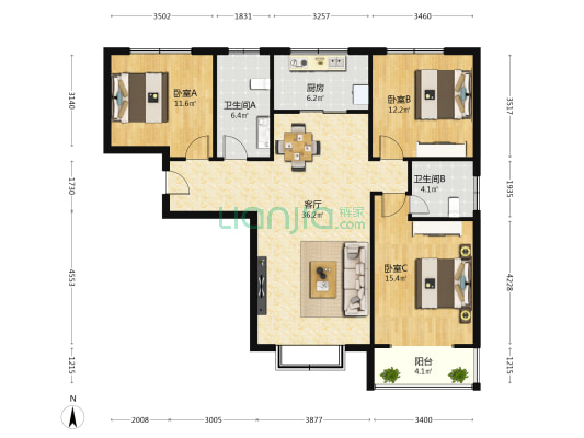 怡景花园 3室1厅2卫 129平方