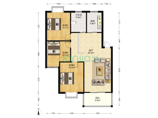 阳光昆城 3室1厅1卫 113平方