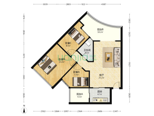 鑫园广场 3室1厅1卫 89平方