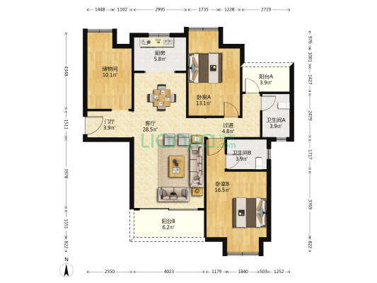 钱隆国际 2室1厅2卫 128平方