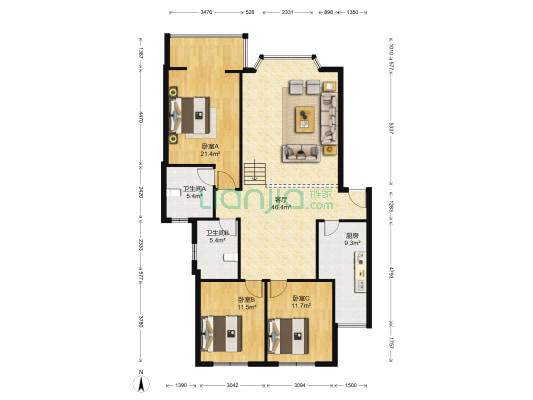 青水美居二期 3室1厅2卫 128平方