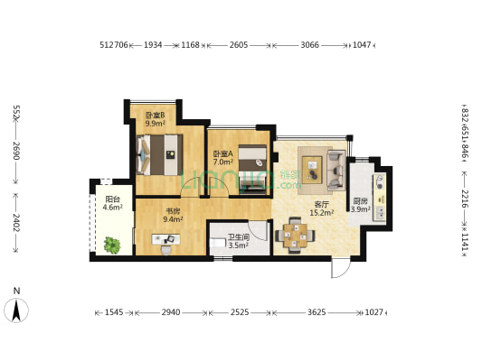 恒宇国际公馆 3室1厅1卫 64平方