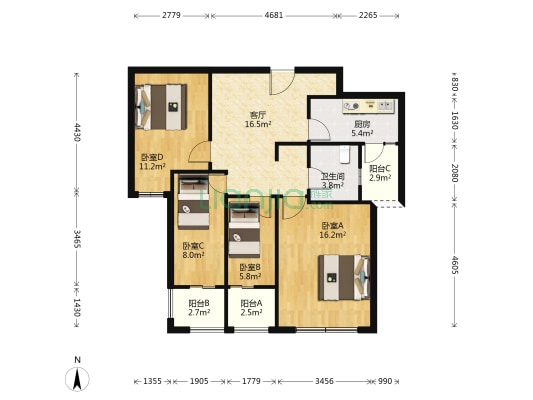 宝华城市花园 4室1厅1卫 89平方