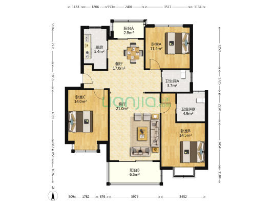 玉兰香苑二期A块 3室2厅2卫 116平方