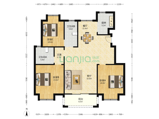 学士苑 3室2厅2卫 130平方