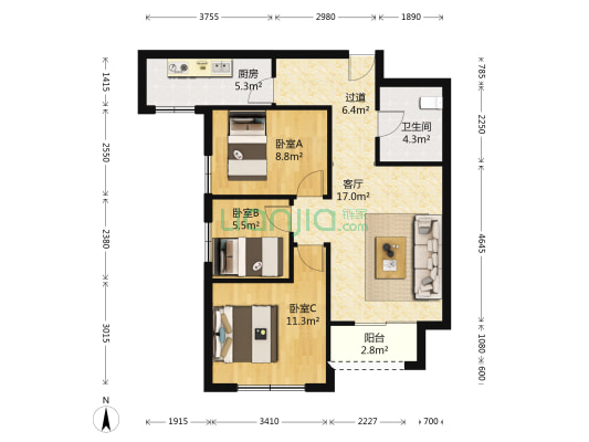 锦绣家园 3室1厅1卫 89平方