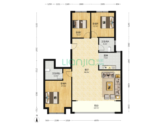 碧桂园丽华天境 3室1厅2卫 153平方