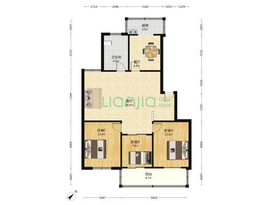 同心巷 3室2厅1卫 107平方