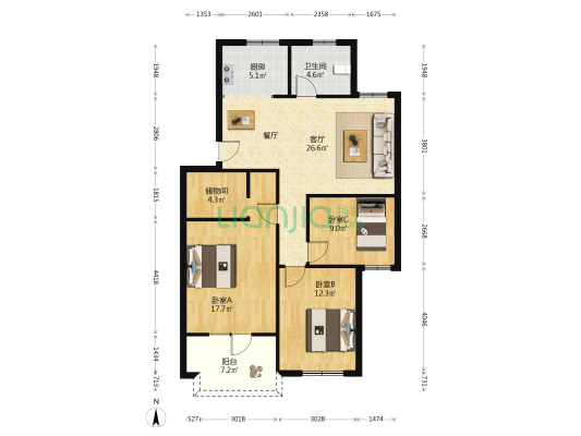 和安居 3室1厅1卫 103平方