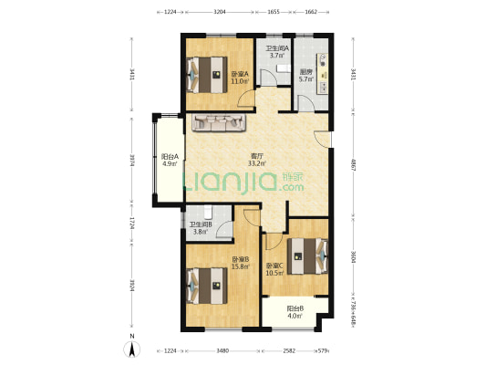龙溪苑B区 3室1厅2卫 135平方