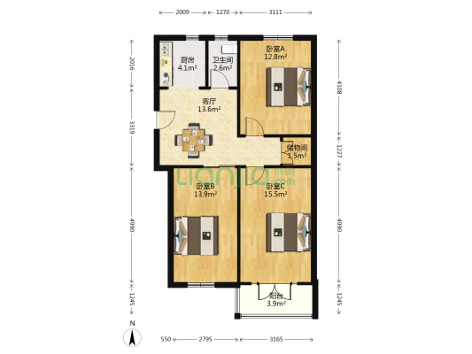 梨花巷3号 3室1厅1卫 85平方